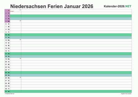 Monatskalender mit Ferien Niedersachsen 2026 Vorschau