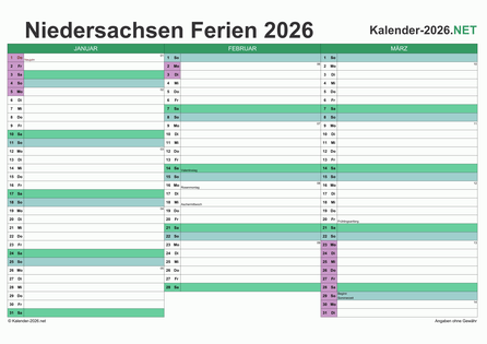 Quartalskalender mit Ferien Niedersachsen 2026 Vorschau