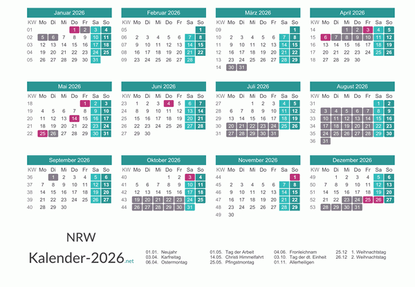 Kalender mit Ferien Nordrhein-Westfalen 2026 Vorschau