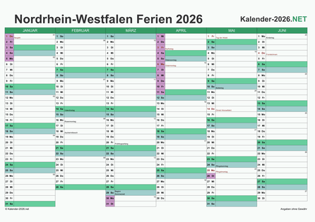 Halbjahreskalender mit Ferien Nordrhein-Westfalen 2026 Vorschau