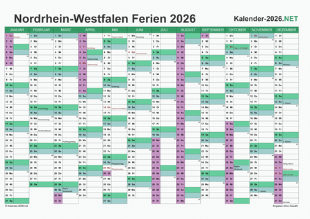 Kalender mit Ferien Nordrhein-Westfalen 2026 Vorschau