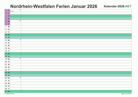 Monatskalender mit Ferien Nordrhein-Westfalen 2026 Vorschau