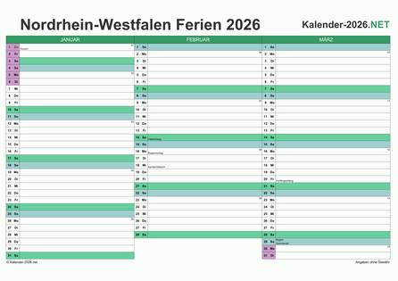 Quartalskalender mit Ferien Nordrhein-Westfalen 2026 Vorschau