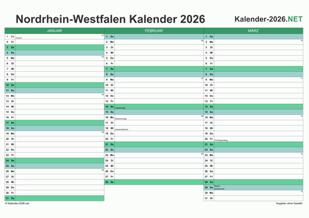 Nordrhein-Westfalen Quartalskalender 2026 Vorschau