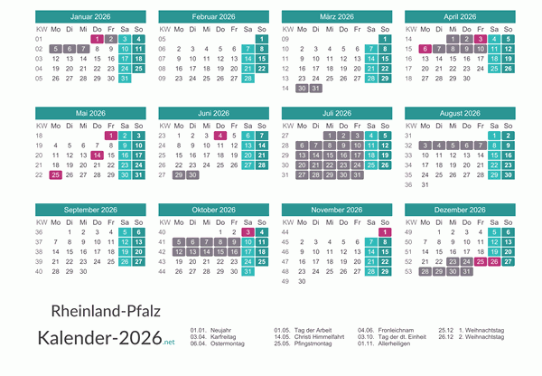 Ferien 2026 + Feiertage zum Ausdrucken - Rheinland-Pfalz Vorschau