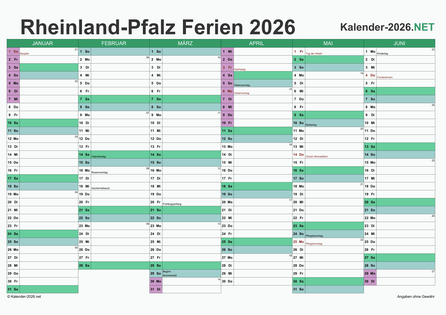 Halbjahreskalender 2026 zum Ausdrucken zum Ausdrucken - mit FerienRheinland-Pfalz Vorschau