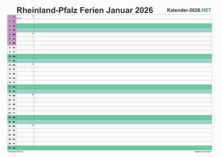 Monatskalender 2026 zum Ausdrucken zum Ausdrucken - mit FerienRheinland-Pfalz Vorschau