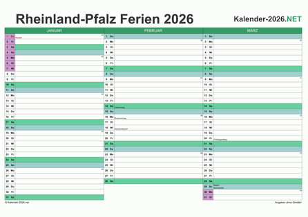 Quartalskalender 2026 zum Ausdrucken zum Ausdrucken - mit FerienRheinland-Pfalz Vorschau