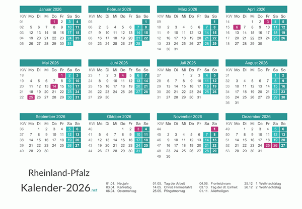 Feiertage Rheinland-Pfalz 2026 zum Ausdrucken Vorschau