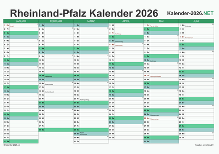 Rheinland-Pfalz Halbjahreskalender 2026 Vorschau
