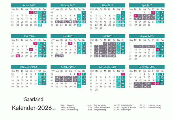 Kalender mit Ferien Saarland 2026 Vorschau