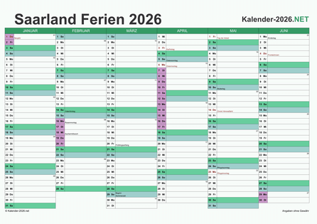 Halbjahreskalender mit Ferien Saarland 2026 Vorschau