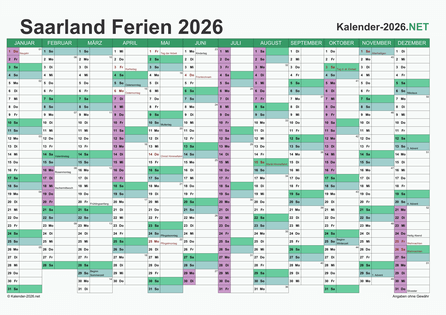 Kalender mit Ferien Saarland 2026 Vorschau