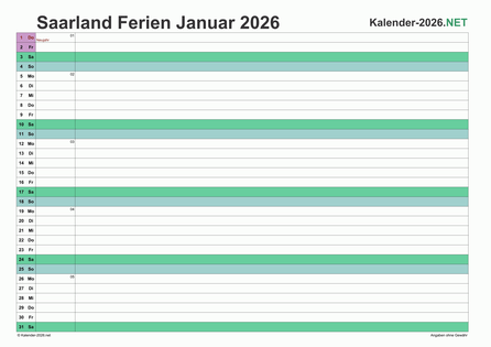Monatskalender mit Ferien Saarland 2026 Vorschau