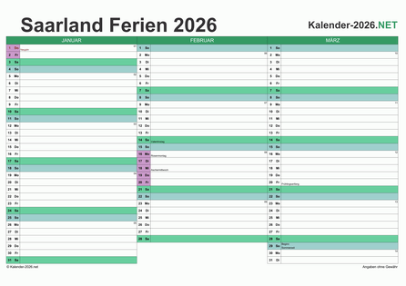 Quartalskalender mit Ferien Saarland 2026 Vorschau