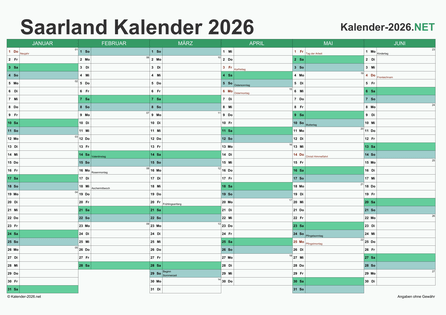 Saarland Halbjahreskalender 2026 Vorschau