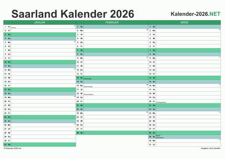 Saarland Quartalskalender 2026 Vorschau