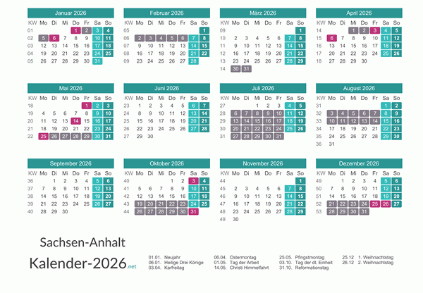 Kalender mit Ferien Sachsen-Anhalt 2026 Vorschau