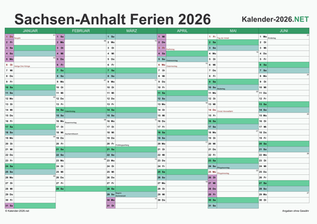 Halbjahreskalender mit Ferien Sachsen-Anhalt 2026 Vorschau