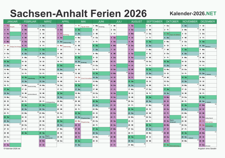 Kalender mit Ferien Sachsen-Anhalt 2026 Vorschau