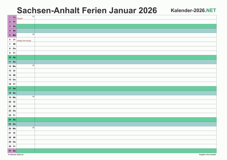 Monatskalender mit Ferien Sachsen-Anhalt 2026 Vorschau