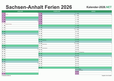 Quartalskalender mit Ferien Sachsen-Anhalt 2026 Vorschau
