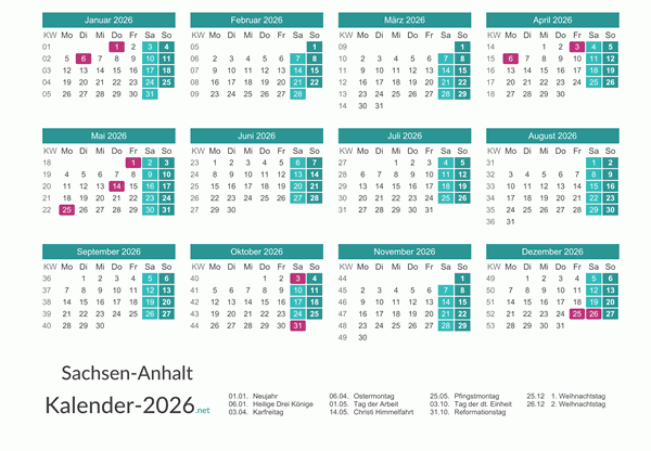 Sachsen-Anhalt Kalender 2026 + Feiertage Vorschau