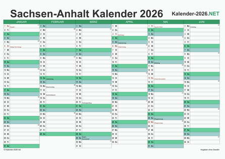 Sachsen-Anhalt Halbjahreskalender 2026 Vorschau