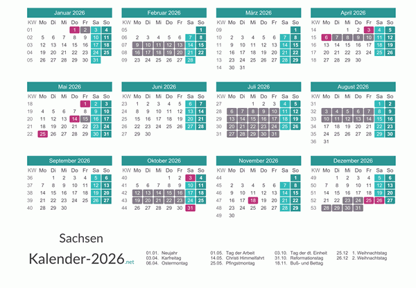 Kalender mit Ferien Sachsen 2026 Vorschau