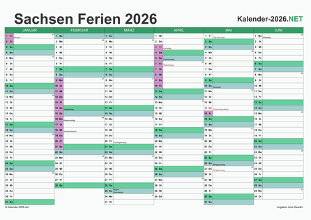Halbjahreskalender mit Ferien Sachsen 2026 Vorschau