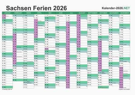 Kalender mit Ferien Sachsen 2026 Vorschau