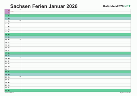 Monatskalender mit Ferien Sachsen 2026 Vorschau