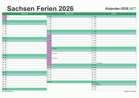 Quartalskalender mit Ferien Sachsen 2026 Vorschau