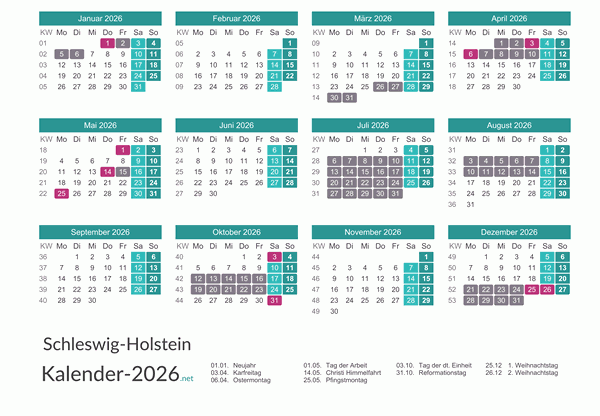 Ferien 2026 + Feiertage zum Ausdrucken - Schleswig-Holstein Vorschau