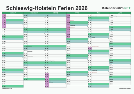 Halbjahreskalender 2026 zum Ausdrucken zum Ausdrucken - mit FerienSchleswig-Holstein Vorschau