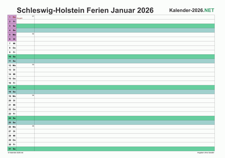 Monatskalender 2026 zum Ausdrucken zum Ausdrucken - mit FerienSchleswig-Holstein Vorschau
