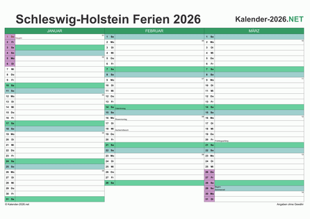 Quartalskalender 2026 zum Ausdrucken zum Ausdrucken - mit FerienSchleswig-Holstein Vorschau