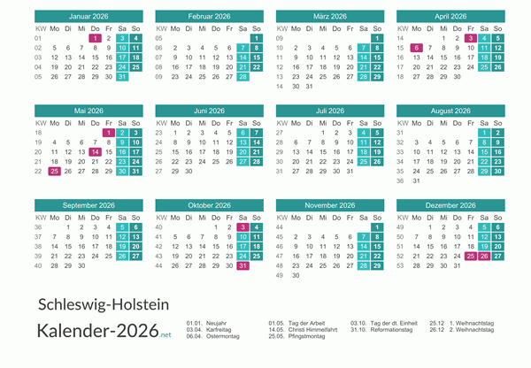 Feiertage Schleswig-Holstein 2026 zum Ausdrucken Vorschau
