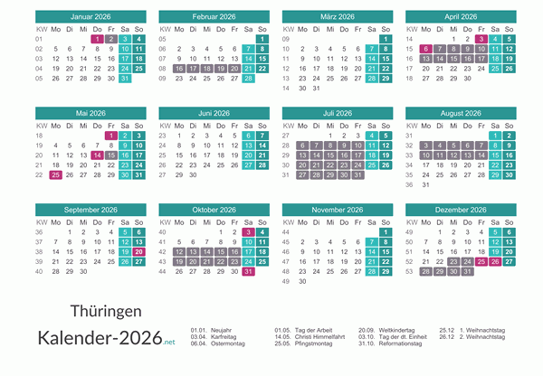 Kalender mit Ferien Thüringen 2026 Vorschau