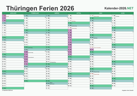 Halbjahreskalender mit Ferien Thüringen 2026 Vorschau