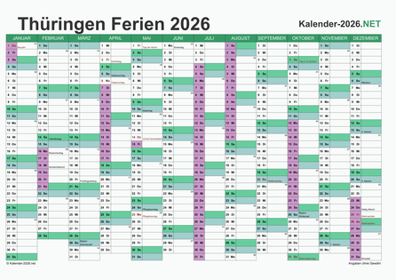 Kalender mit Ferien Thüringen 2026 Vorschau