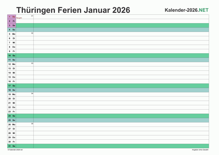 Monatskalender mit Ferien Thüringen 2026 Vorschau