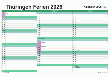 Quartalskalender mit Ferien Thüringen 2026 Vorschau