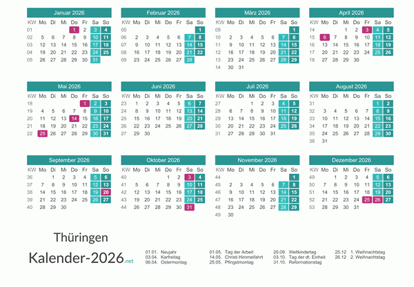 Thüringen Kalender 2026 + Feiertage Vorschau