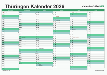 Thüringen Halbjahreskalender 2026 Vorschau